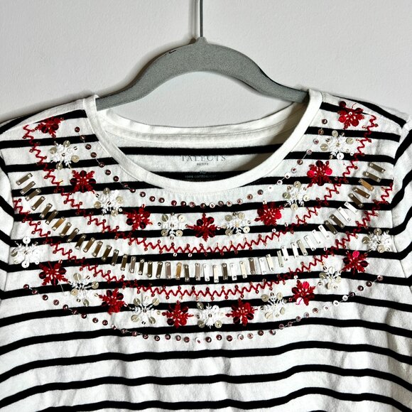 Talbots Embellished Long-Sleeve Stripe Tee Holiday Beaded Snowflakes Cotton MP - Picture 2 of 4